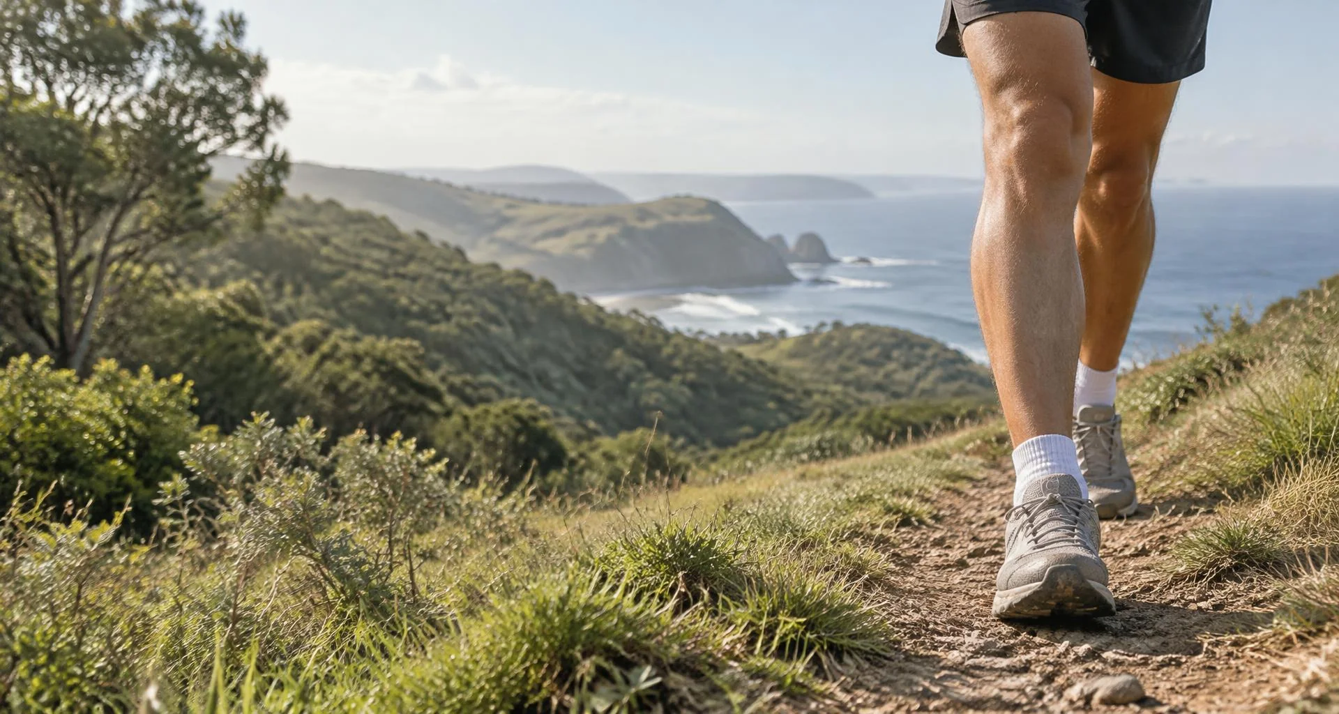 A hiker walking along a sunlit coastal trail