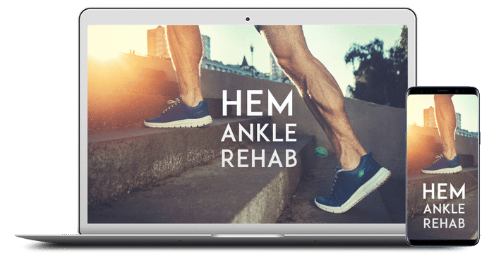 The HEM Ankle Rehab program playing on a laptop and a phone